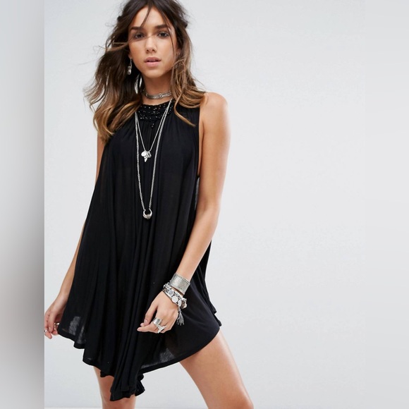 Free People Dresses & Skirts - Free People Black Beaded Crochet Sabrina Tunic Summer Boho Babydoll Mini Dress